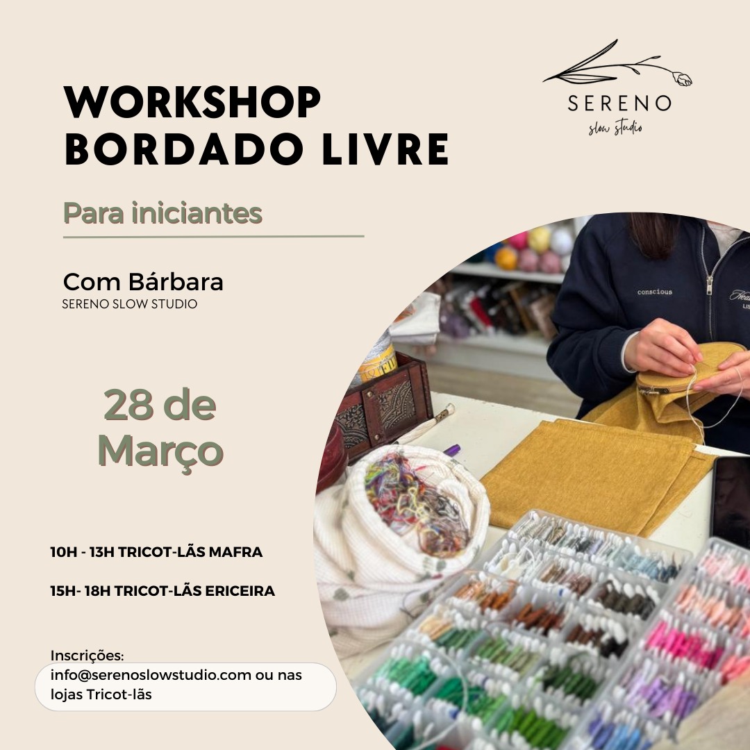 Voltamos com o tão querido 
🌿Workshop de Bordado Livre 🌿

Um encontro dedicado aos inciantes, e também para quem precisa de reavivar a memória e praticar os pontos mais conhecidos do mundo do bordado!

O material essencial está sempre incluído nos kits e vamos ter um esquema muito primaveril para bordar neste encontro 🌺🐰

📍@tricot_las
🕒 Mafra - 10h às 13h
🕒Ericeira - 15h às 18h

Encontramo-nos, como sempre, @tricot_las para criar os projetos mais bonitos rodeados de inspiração e cristividade!

Até lá 🥰