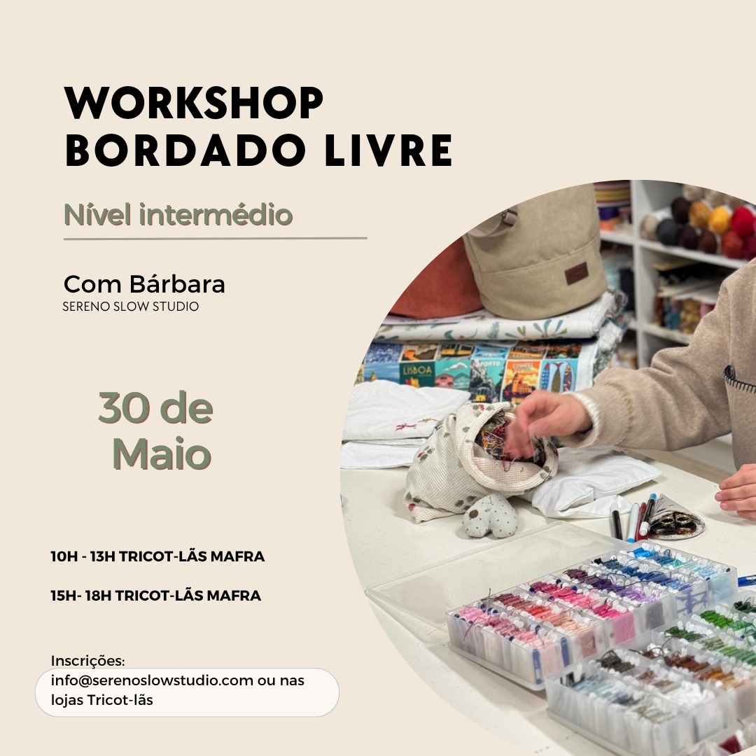🚨 horário da tarde alterado para 14h-17h.

🌿Workshop nível 2 -intermédio🌿

Uma continuação na aprendizagem do bordado livre, para quem já conhece bem os pontos base.

Aqui aprendemos pontos mais complexos e que trazem mais textura, movimento e detalhes únicos que elevam os nosso bordados ❤️

🗓️ Data: 30 de Maio
⏰ Horário: nas lojas Tricot-lãs
Mafra: 10h - 13h e das 14h -17h

Uma oportunidade única para aprender novos ponto e, como sempre, ter momentos de partilha e criatividade com outros bordadeiros ✨.

Garante a tua vaga
🌈 Vem aprender a dar mais vida às tuas criações🌈